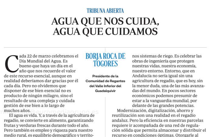 Tribuna publicada en ABC por nuestro presidente con motivo del Día Mundial del Agua